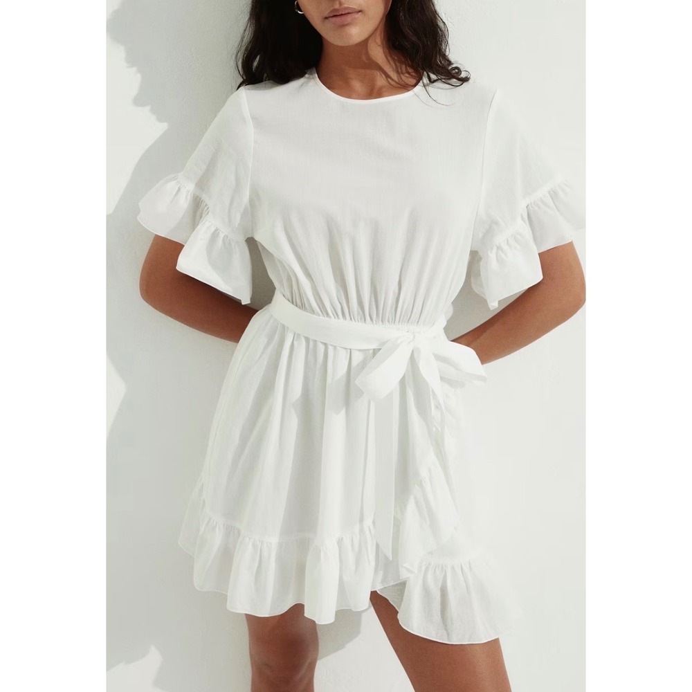 H&M White Ruffled Hem Mini Dress Flutter Sleeve Belted Cotton Small NEW Boho